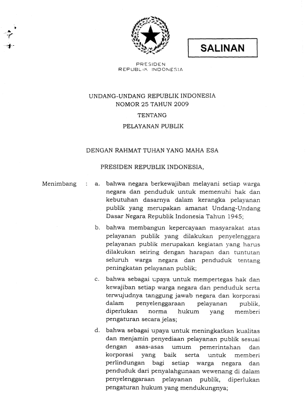 Undang-Undang Nomor 25 Tahun 2009 tentang Pelayanan Publik